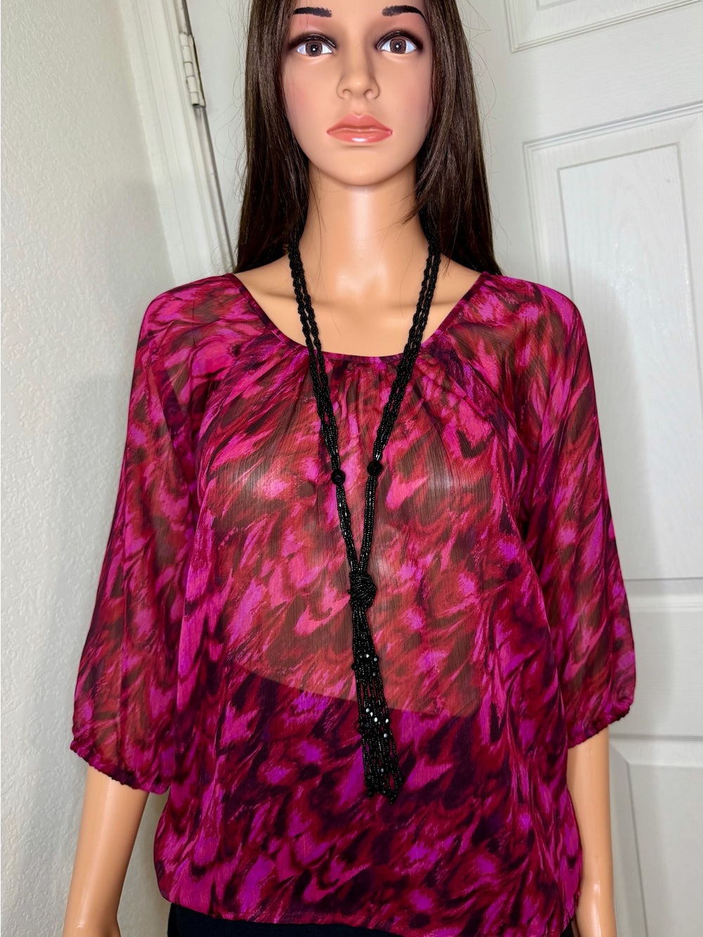 Sheer Fuchsia and Black Printed Blouse by Express